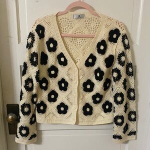Elegant Floral Crochet Cardigan - Cream and Black